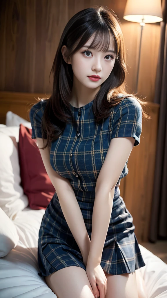 (absurd:1.3), (high resolution:1.3), (Extremely detailed:1.3),(1 Girl:1.3), (Extremely detailed CG unity 8k wallpaper:1.3), (Delicate skin texture, Detailed fabric texture, Detailed hair texture), (beauty细致的脸庞, Supermodel, Pale skin, Practical glistening skin), (RAW photos, best quality), (Practical, photo-Practical:1.4), masterpiece, Extremely refined,Astonishing, Fine details, Extremely detailed CG unity 8k wallpaper, Huge file size, Extremely detailed, high resolution, absurd, Soft Light,Rim Light, Vivid details, Hotel Room, Straight Hair, Large Breasts, Black hair, Natural color lipstick, (Perfect body shape), Beautiful legs, 20 years old, beauty、Good looking、Make your eyes even、Big drooping eyes、beauty的黑发、Possessing bangedium structure、Balanced proportions、Wrap your arms around his back, Hands tied behind the back, Tartan Check Pleated Skirt、Blue short-sleeved shirt、beauty的风景、(Front view:1.3), 靠在beauty湖岸边的一棵大树上、
