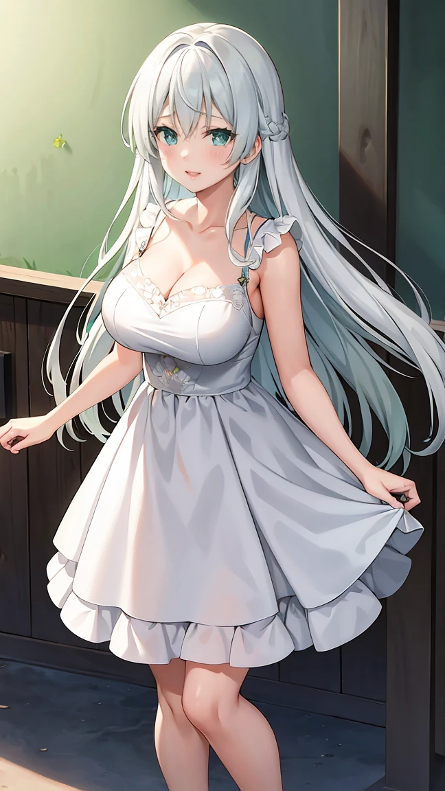 Girl with long green hair,Inner color and white hair、 Beautifully shaped breasts with tension, Green Eyes, White Casual Wear Beauty Special、,Full body photo from head to toe、Dignified、Proud person、Attractive adult woman、Confident expression、Sharp Eyes、(Sister)、Older sister、Help when you need it、Rigid personality、Innocent、Emotionally rich facial expressions、(Standing with your legs apart)、