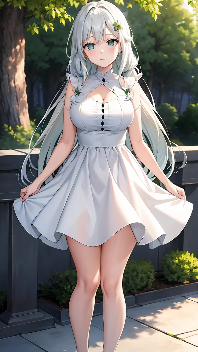 Girl with long green hair,Inner color and white hair、 Beautifully shaped breasts with tension, Green Eyes, White Casual Wear Beauty Special、,Full body photo from head to toe、Dignified、Proud person、Attractive adult woman、Confident expression、Sharp Eyes、(Sister)、Older sister、Help when you need it、Rigid personality、Innocent、Emotionally rich facial expressions、(Standing with your legs apart)、