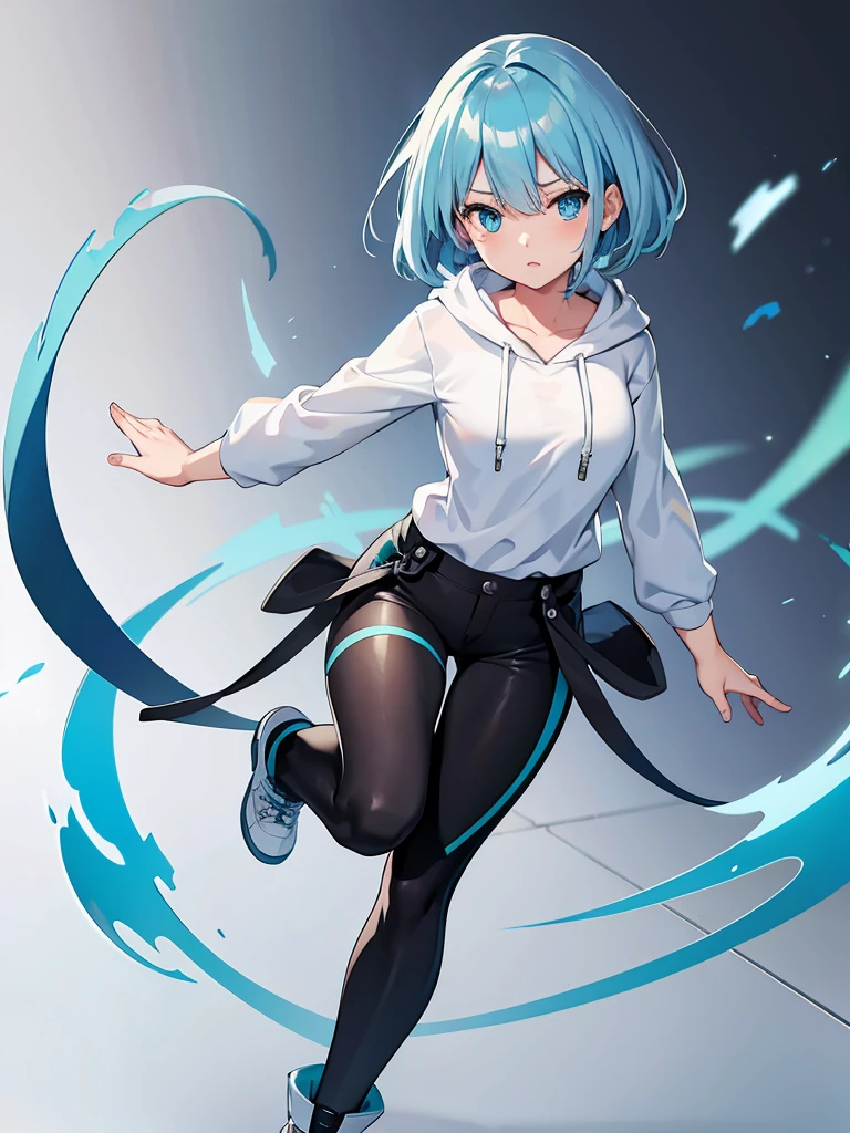 Masterpiece, high quality,(full body 1.2), animated standing portrait, black half pants and white hoodie,(green hair 1.4), anime girl with short green hair and green eyes,(detailed eyes 1.6),(clear eyes 1.4),(beautiful eyes 1.4),(shining eyes 1.4), white cyan, from arc knights , green hair, shining blue eyes, blue eyes, detailed key animated art, animated portrait, shining eyes, blue haired girl, light blue hair, black half pants, white stockings, thighs, 4K