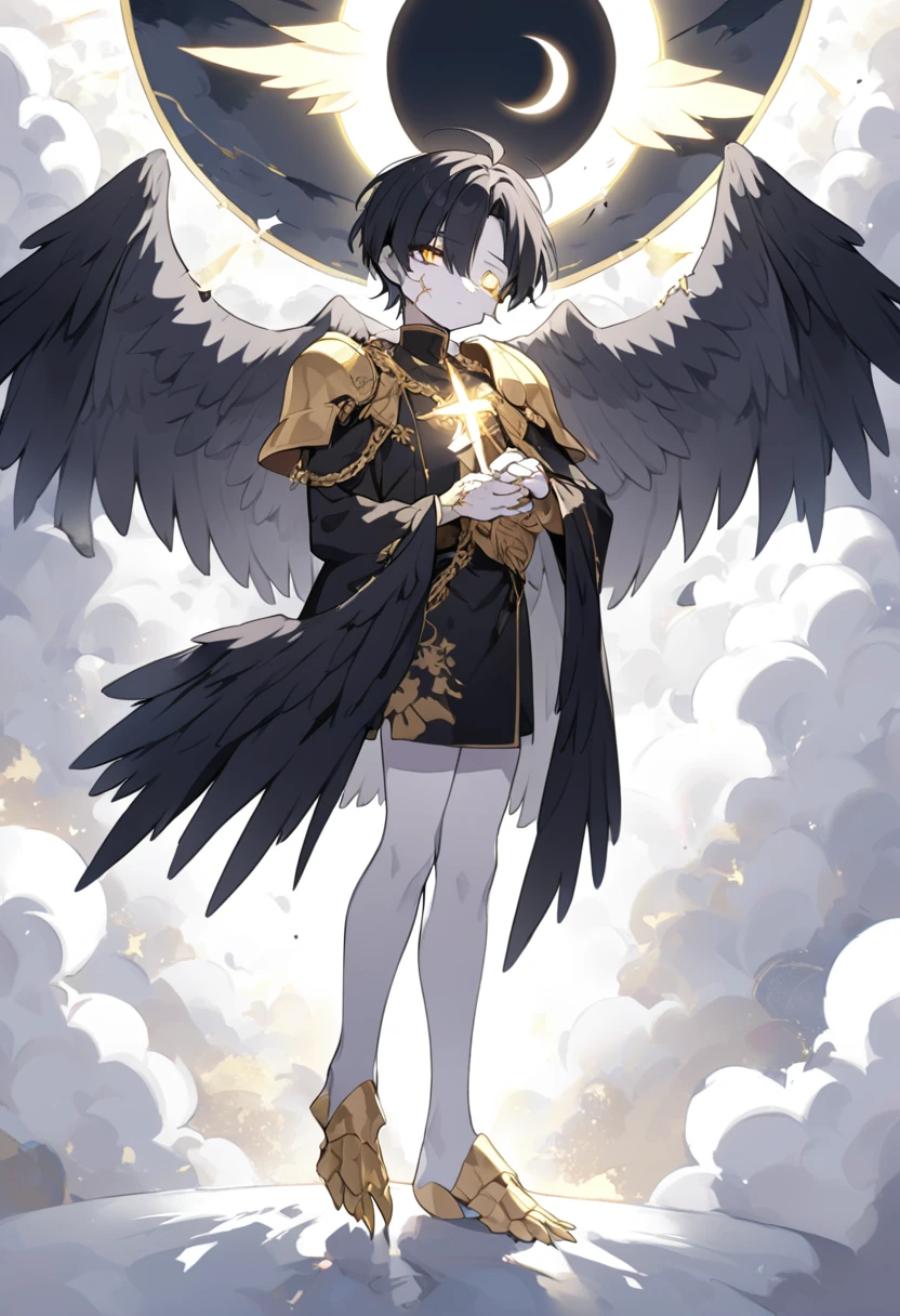 1man, adult, angel, pale skin, black hair, very short hair, white hairlocks, golden eyes, broken face, crack on the face, radiance coming from the crack, missing eye, black wings, eyed wings, bird legs, black robes, golden details, golden shoulder pads, golden prothesis in right hand, clawsprothesis, sword-cross on hands, eclipse, fullbody
