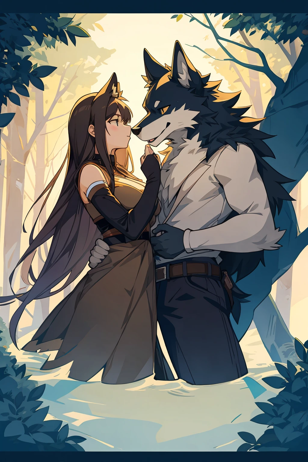 cover page, A girl and a wolf meet in the forest, flat Design, vector illustrations, graphic illustration, detailed 2d illustration, flat illustration, digital illustration, digital artwork,