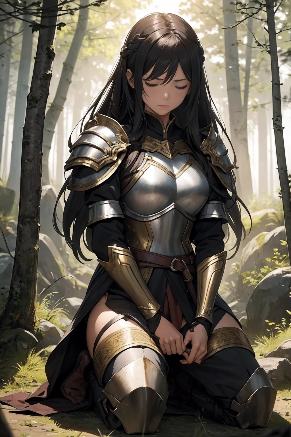 A highly detailed digital illustration of a female warrior kneeling in a sunlit forest. She has long, dark hair with lighter streaks that cascades over her shoulders and partially obscures her face. Her expression conveys sadness and exhaustion, with her head slightly bowed and eyes closed or looking downward. She is dressed in medieval or fantasy-inspired armor, which is blood-stained, indicating a recent battle. The armor includes shoulder guards and a breastplate, all showing signs of wear and combat. She is kneeling or sitting on the ground with one knee bent, her body leaning slightly forward, capturing a sense of fatigue and defeat.

The setting is a serene forest, bathed in the warm, golden light of the setting or rising sun. This light creates a beautiful contrast with the darker elements of the scene, highlighting the character's emotional state. The background features trees and foliage that are slightly blurred, keeping the focus on the character in the foreground. The atmosphere is somber and reflective, with the interplay of light and shadow adding depth to the mood.

Next to the warrior lies a sword, either sheathed or on the ground, reinforcing the recent battle scene. Bloodstains are visible on both the character and her armor, adding to the intensity of the image. The drawing style is highly detailed, realistic, and evokes strong emotions, blending the serenity of nature with the harsh reality of battle. The overall artwork has a painterly quality, capturing a poignant moment of reflection and exhaustion.