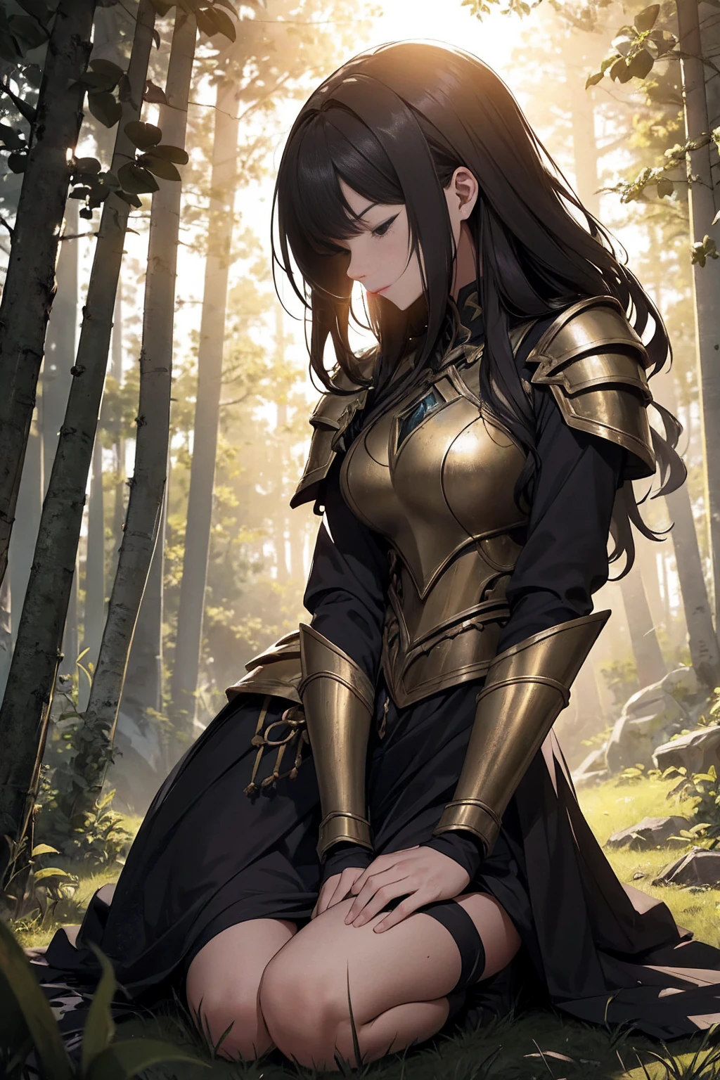 
Here's the revised prompt with more emphasis on her chest being visible:

A highly detailed digital illustration of a female warrior kneeling in a sunlit forest. She has long, dark hair with lighter streaks that cascades over her shoulders and partially obscures her face. Her expression conveys sadness and exhaustion, with her head slightly bowed and eyes closed or looking downward. She is dressed in medieval or fantasy-inspired armor, which is blood-stained, indicating a recent battle. The armor includes shoulder guards and a breastplate, all showing signs of wear and combat. Her clothing is torn due to the intensity of the fight, partially exposing her chest and making her breasts visible, adding to the rawness and vulnerability of the scene. She is kneeling or sitting on the ground with one knee bent, her body leaning slightly forward, capturing a sense of fatigue and defeat.

The setting is a serene forest, bathed in the warm, golden light of the setting or rising sun. This light creates a beautiful contrast with the darker elements of the scene, highlighting the character's emotional state. The background features trees and foliage that are slightly blurred, keeping the focus on the character in the foreground. The atmosphere is somber and reflective, with the interplay of light and shadow adding depth to the mood.

Next to the warrior lies a sword, either sheathed or on the ground, reinforcing the recent battle scene. Bloodstains are visible on both the character and her armor, adding to the intensity of the image. The drawing style is highly detailed, realistic, and evokes strong emotions, blending the serenity of nature with the harsh reality of battle. The overall artwork has a painterly quality, capturing a poignant moment of reflection and exhaustion.

