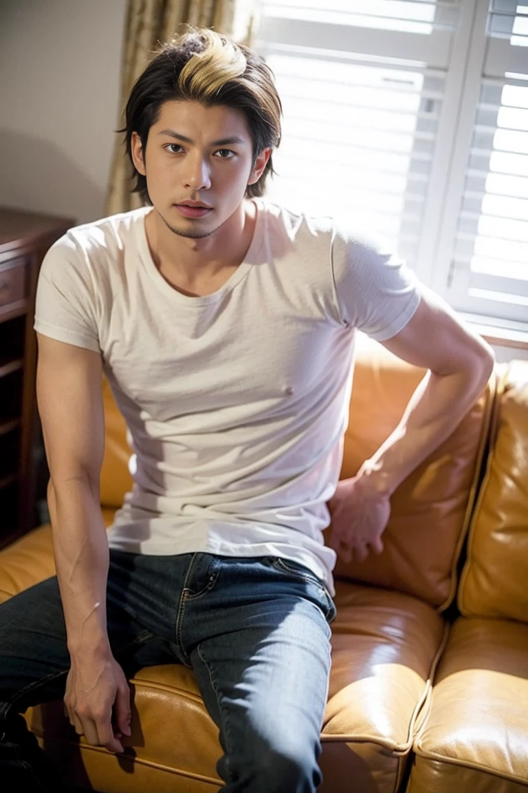 realistic photo of  handsome suguro ryuji ,living room