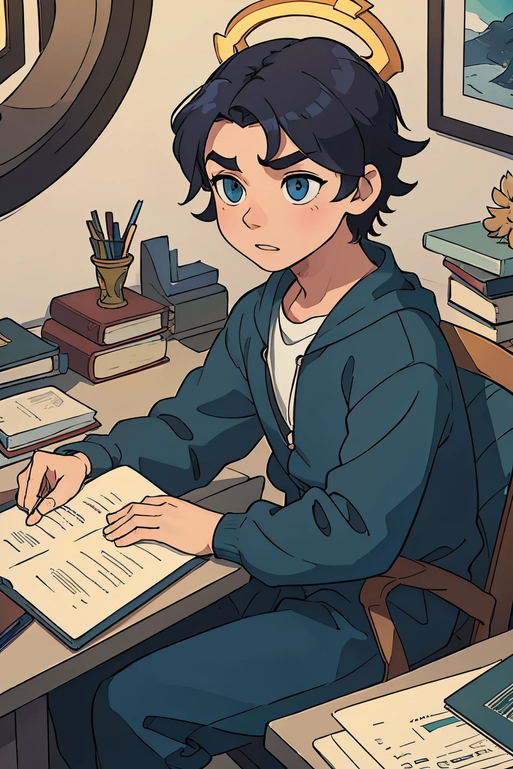 Animated avatar of a boy studying, depicted in high-definition with meticulously detailed features. His bright, focused eyes are framed by a set of thick, wavy eyebrows, while his lips are subtly curved into a determined line. The boy's hair, a wild halo of curls, is captured in exquisite detail, with each strand individually rendered. The background is a simplified yet realistic depiction of a well-lit study, filled with the subtle shadows of books, a desk, and a laptop. The overall color palette is vibrant and saturated, with the boy's skin tone a rich, warm hue. The avatar is animated in a fluid,