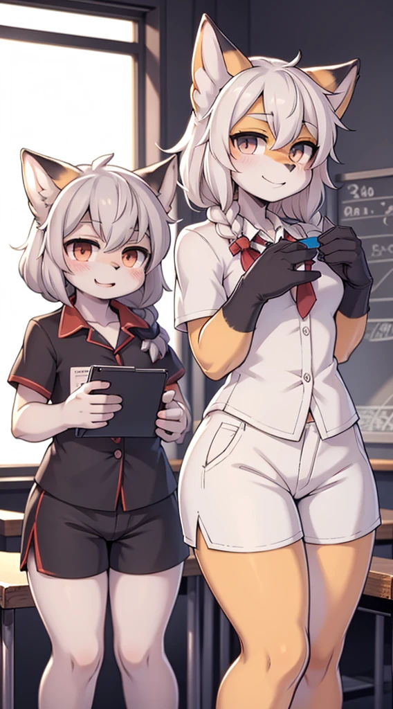 Japanese style high school shirt，cute男孩子，furry，furry，hairy，furry，hairy，furry，Body hair，Hair covers the whole body，Gentle smile，shota，Anthropomorphic Fox，Fox Girl，小braid，braid，cute，Gray hair，全身Gray hair，全身Gray hair，Japanese school uniform shirt，shorts，shorts，Short boy，Slim figure，Classroom Background，Indoor background，Campus style，Young taming，Q version style，American anime style，femboy，femboy，Oval face