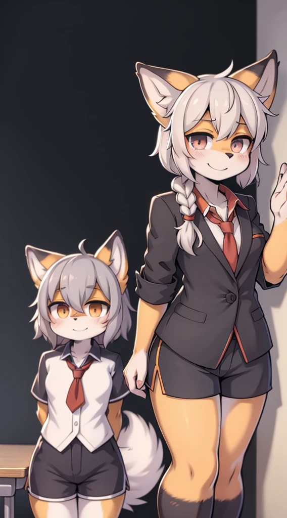 Japanese style high school shirt，cute男孩子，furry，furry，hairy，furry，hairy，furry，Body hair，Hair covers the whole body，Gentle smile，shota，Anthropomorphic Fox，Fox Girl，小braid，braid，cute，Gray hair，全身Gray hair，全身Gray hair，Japanese school uniform shirt，shorts，shorts，Short boy，Slim figure，Classroom Background，Indoor background，Campus style，Young taming，Q version style，American anime style，femboy，femboy，Oval face