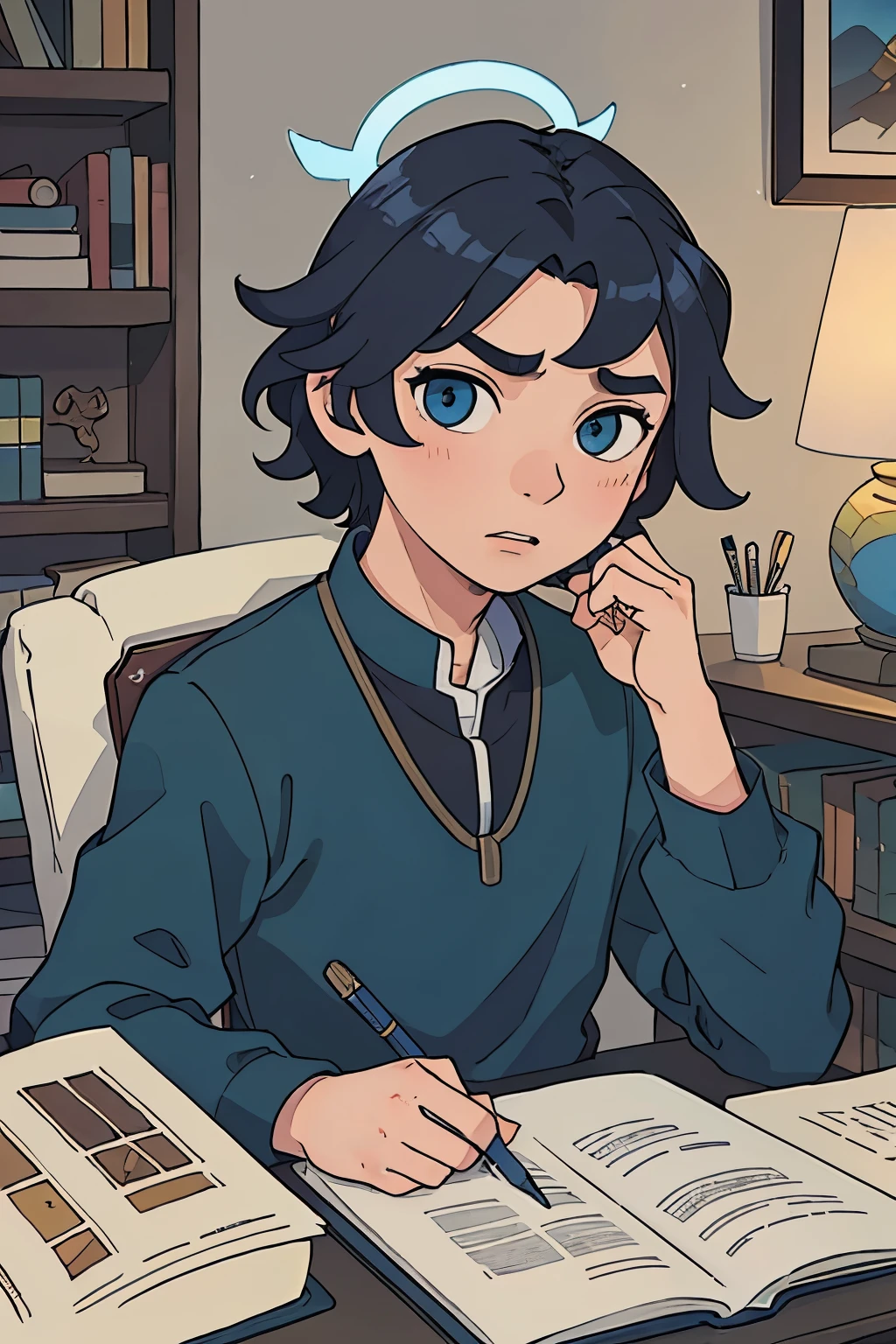 Animated avatar of a boy studying, depicted in high-definition with meticulously detailed features. His bright, focused eyes are framed by a set of thick, wavy eyebrows, while his lips are subtly curved into a determined line. The boy's hair, a wild halo of curls, is captured in exquisite detail, with each strand individually rendered. The background is a simplified yet realistic depiction of a well-lit study, filled with the subtle shadows of books, a desk, and a laptop. The overall color palette is vibrant and saturated, with the boy's skin tone a rich, warm hue. The avatar is animated in a fluid,