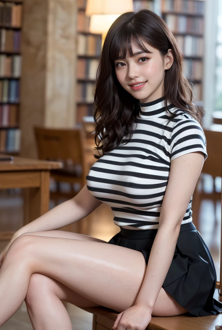 (((neat woman, perverted:1.9、kind big smile,deep make up:1.8,touch own nipples over clothes:1.9,little pussy juice:1.9))),(((sitting on the desk,kind big smile:1.8,blush:1.8,deep cheek:1.8))),please touch me,eat me,tempting viewer,i want you))),(((blush,blush,deep cheek,deep cheek)))),(cinematic lighting), (Photo real:1.4)、(A hyper-realistic:1.4)、(Photorealistic:1.3)、 (gentle lighting: 1.05)、(Improve the lighting quality of your video:0.9)、 32k、25years old woman、photorealistic lighting、Back lighting、Facial Lights、Ray Trace、(bright:1.2)、(Increase quality:1.4)、 (best quality real texture skin)、Fair eyes,delicate face、 Close-up of the face, ((((Wearing the tight black striped cotton t-shirts,high-neck,pleated black skirt,high-heel:1.4))),(Bodyline mood improvement:1.1)、Glossy skin、good figure,perfect anatomy,Beautiful actress,(((beautiful huge soft breasts:1.8,huge breasts,slender waist,slender hip,long slender legs,8heads tall))),(((8heads tall))),(((brown wavy midium hair,bangs))),(((sweat skin,shiny skin,in the beautiful library,super clean night view,in the night))),