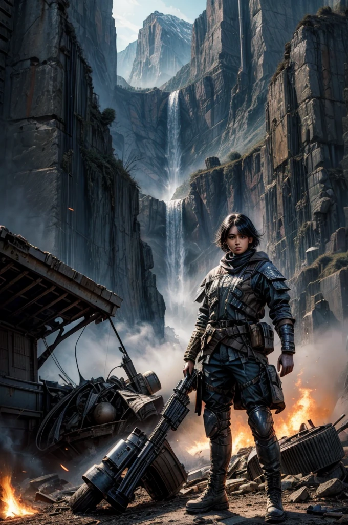 MariaCalavera, dark skin, black hair, short hair, silver eyes, military uniform, cowboy shot, (dynamic pose), (standing in aircraft scrapyard), in valley, BREAK mountains in background, waterfall, crowd, (crowd in military dress), post-apocalypse, dystopian future, bonfires, (volumetric lighting), intricate details, tonemapping, sharp focus, hyper detailed 