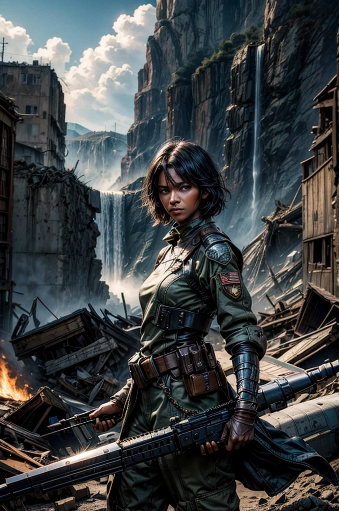MariaCalavera, dark skin, black hair, short hair, silver eyes, military uniform, cowboy shot, (dynamic pose), (standing in aircraft scrapyard), in valley, BREAK mountains in background, waterfall, crowd, (crowd in military dress), post-apocalypse, dystopian future, bonfires, (volumetric lighting), intricate details, tonemapping, sharp focus, hyper detailed 