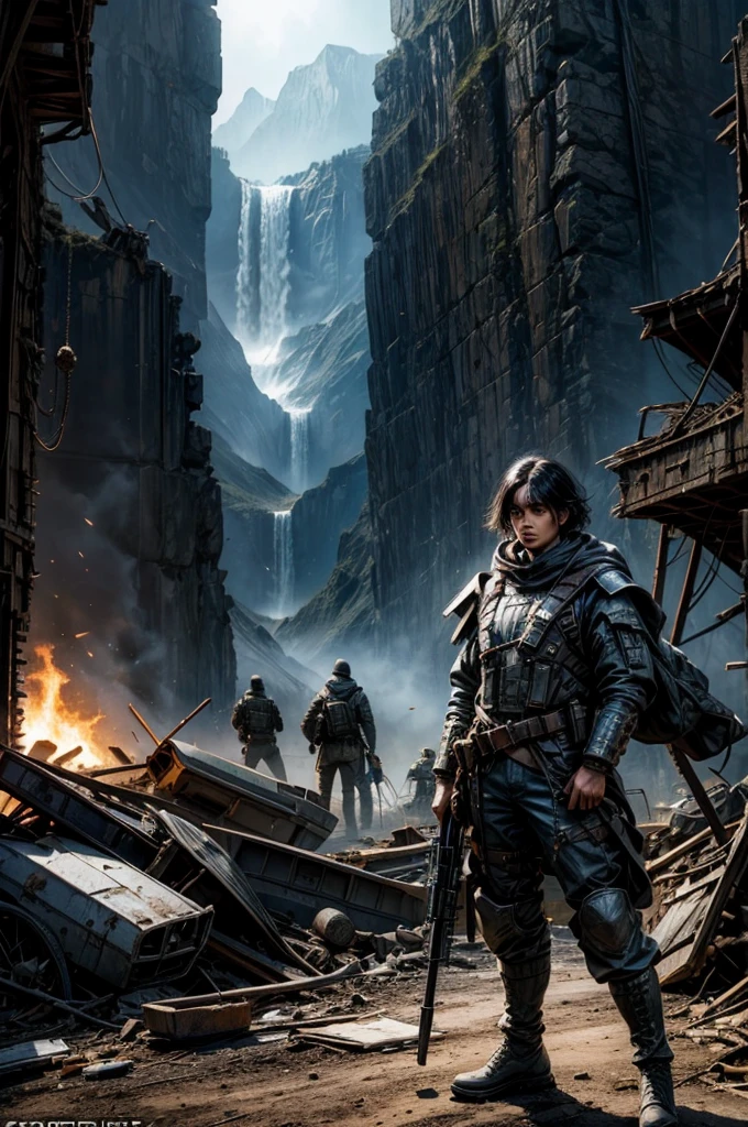MariaCalavera, dark skin, black hair, short hair, silver eyes, military uniform, cowboy shot, (dynamic pose), (standing in aircraft scrapyard), in valley, BREAK mountains in background, waterfall, crowd, (crowd in military dress), post-apocalypse, dystopian future, bonfires, (volumetric lighting), intricate details, tonemapping, sharp focus, hyper detailed