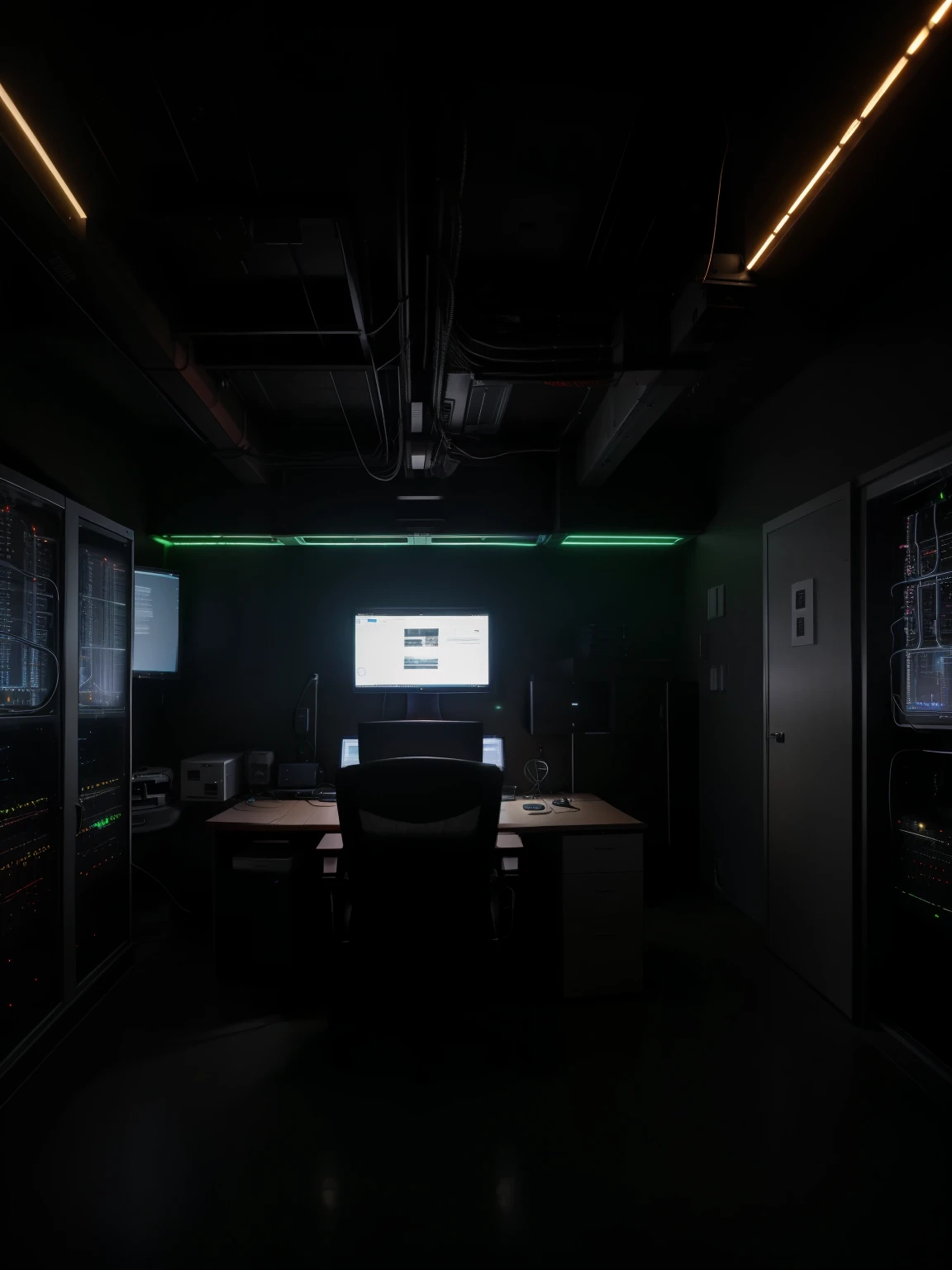 a hacker room that has a large server center with cables and lights, a very robust dedicated server with a lot of technology, dark bedroom, low lighting, ultra realistic detail 8k
