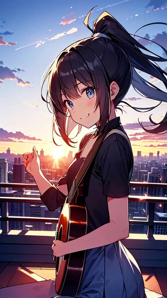 Tabletop, Highest quality,figure, wallpaper, Super detailed, Absurd,Tips for 16 year old girls, alone, (ponytail、play the guitar、smile、Overlooking the city from the top of the hill、Beautiful sunset、the wind is strong