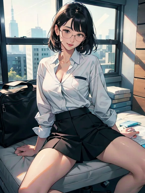 Browsing Caution, アニメ、Attractive office lady,28 years old,Black Hair,Medium Hair,Brown eyes,Highest quality、Unity 8k wallpaper、32k、masterpiece、Ultra-detailed、Ultra-high resolution、Natural Light、(Very detailed and complex)、Beautiful face and eyes in every detail、Sharp pupils、smile、High heels、Woman in skirt and shirt sitting on the desk, office服, on the desk, Sit at a desk, Sitting at a desk,Bent knees、Spread your legs、Spread your legs、Panty shot、 Business casual attire, Sexy、Business Attire,office, At work, Wearing glasses, Fully clothed, business attire, Embarrassing, smile、business suit、Cleavage、Sexy