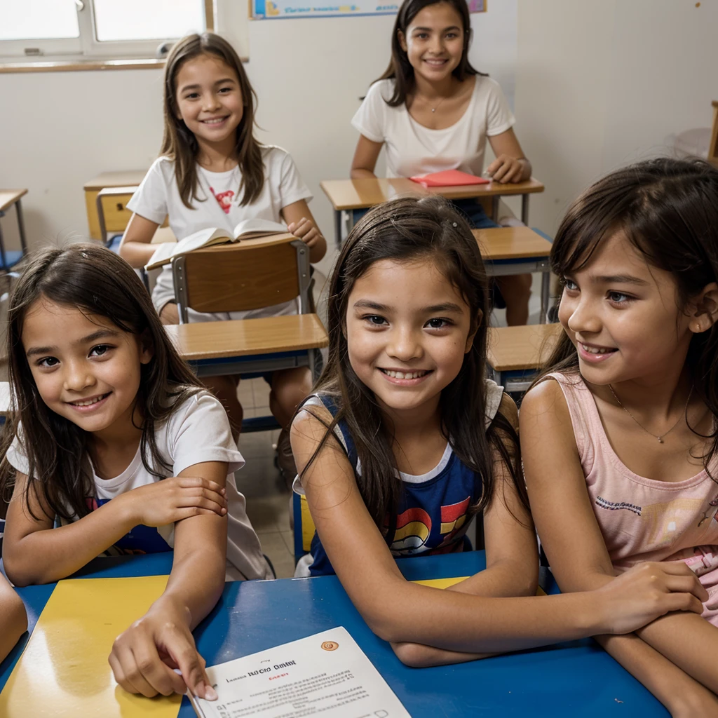 Children from  to 8 yin a classroom receiving English classes, that all the children are focused and smiling 