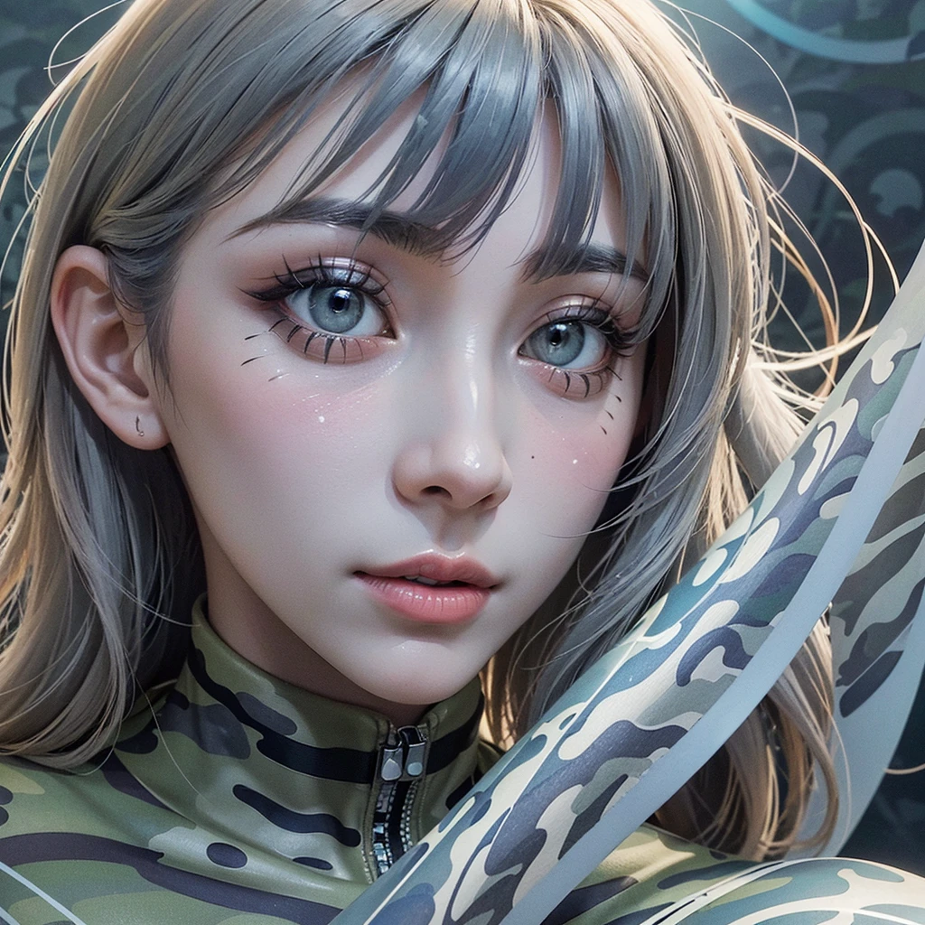 ((highest quallity)),(ultra high resolution),(super verbose),(Detailed Description),((best CG)),(best work of art),super precision art,great drawing art,(Art with precise details:1.5), (1 female soldier:1.5),(Camouflage clothing with gray and light blue dot patterns:1.6),beautiful and well-shaped face,lightbrown eyes:1.5,A look that hides a strong will:1.6, Destroyed urban area:1.7,