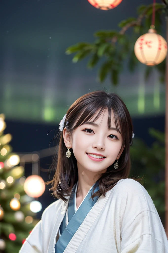 Japanese ido ,((Cute ,Baby face:1.2)),(8K, Raw photo, ultra-detailliert, Best Quality:1.2), (Realistic, Photorealsitic:1.4), (Insanely detailed, 超A high resolution ,Beautiful, masutepiece:1.2), ,very detailed face and eyes,Shiny skin,(Upper body:1.Professional Lighting,Soft light, Sharp Focus, depth of fields,Medium Hair,Earring, ( kimono outfit :1.3),(Smile:1.3),Bokeh,(Dynamic Angle:1.5),( background of aurora borealis in the night sky, with christmas trees and snow-covered mountains
:1.3)
