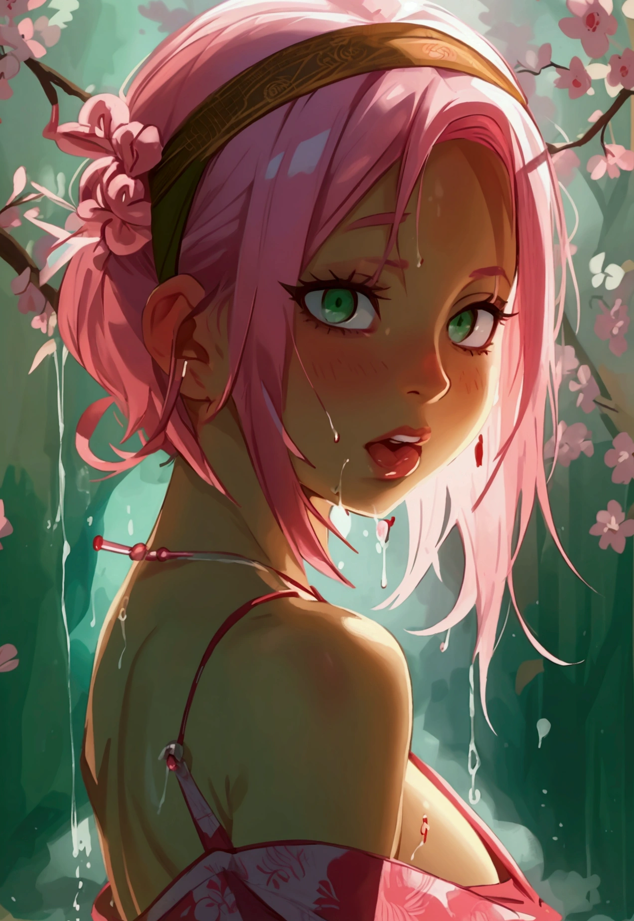 (masterpiece:1.2, best quality), 1girl,solo, large breasts, full body, headband, pink hair, short hair, green eyes, lipstick, red dress, bare shoulder, looking back, sakura, haruno_sakura, naked, sexy, transparent kimono.little pubic hair, silver pubic hair, white skin with a pinkish tint, beautiful lips, perfect mouth, pink eyes, wearing red sandals, perfect little feet, pink painted nails, holding a medical record in one hand (long pink nails), holding a syringe in the other hand, orgasmic face, clear liquid dripping from her pussy.