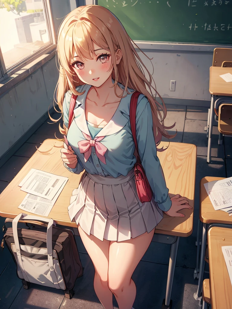 POV, from above, full body,1girl, parted lips, blush, makeup, light smile, , classroom, school bag, light rays, glow, thighs, collarbone, narrow waist, (masterpiece), wallpaper,