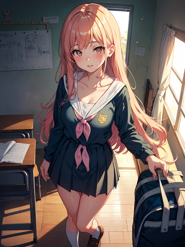 POV, from above, full body,1girl, parted lips, blush, makeup, light smile, , classroom, school bag, light rays, glow, thighs, collarbone, narrow waist, (masterpiece), wallpaper,