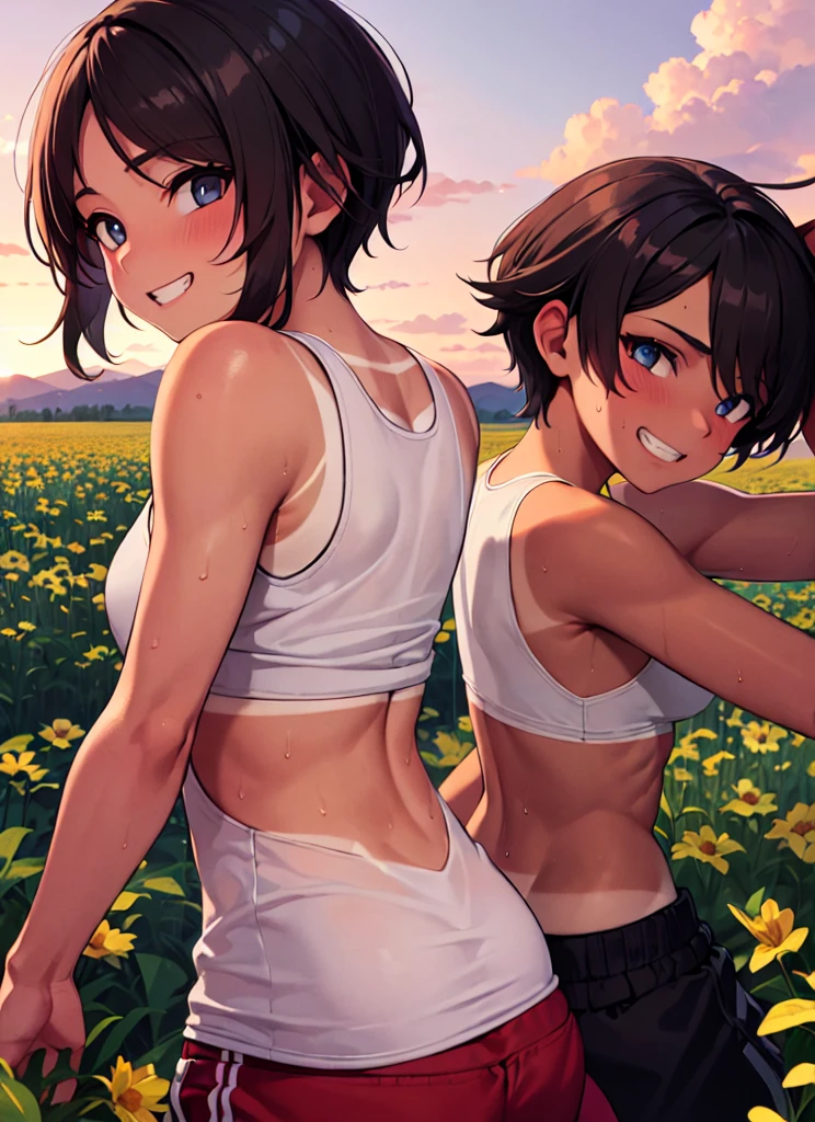 ((best quality)), ((highly detailed)), masterpiece, absurdres, (detailed eyes, deep eyes), (1girl), back view, from behind, dynamic pose, upper body, tan tomboy, short hair, ((tan skin)), tanlines, athletic, abs, grin, tank top, sweat pants, sneakers, (outdoors, at a flower field, sunset),