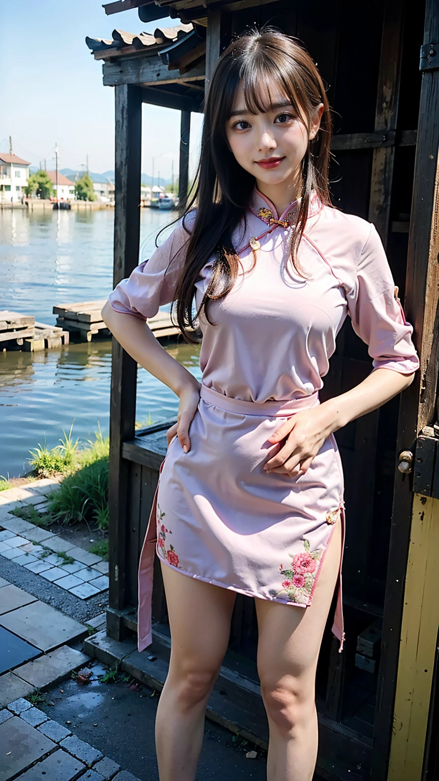 (8K、RAW Photos、Highest quality、masterpiece:1.2)、(Realistic、Realistic)、1 Girl、((Long cheongsam:1.2、Thin legs、whole body、View from the front、smile、Looking into the camera、Stand with hands on hips))、cute、((The background is slums))、Accurate Fingers