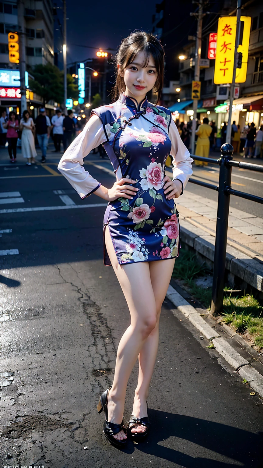 (8K、RAW Photos、Highest quality、masterpiece:1.2)、(Realistic、Realistic)、1 Girl、((Long cheongsam:1.2、Thin legs、whole body、View from the front、smile、Looking into the camera、Stand with hands on hips))、cute、((The background is slums))、Accurate Fingers