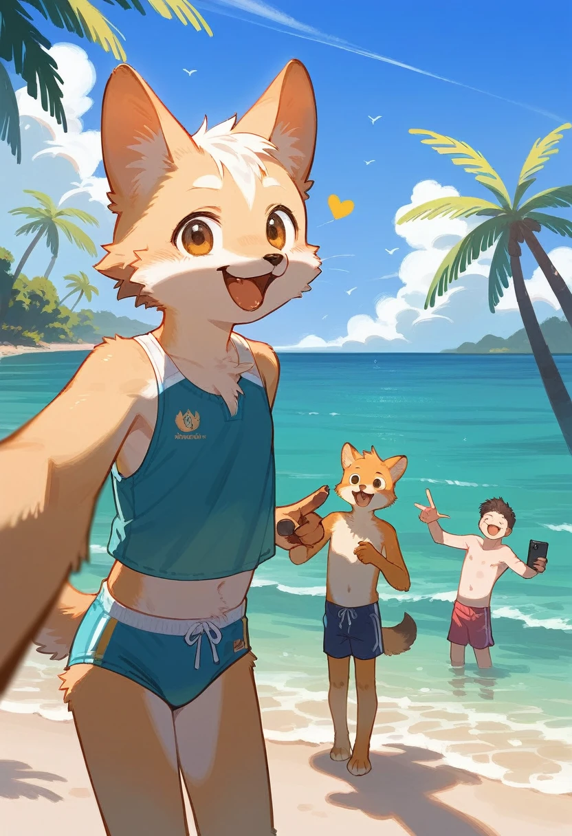 top quality, best quality, High-quality illustrations, masterpiece, super high resolution, detailed background, detailed background, Mare, horizon, Palm trees, beach, Midsummer sunshine, swim wears, boys, girls, Happy, joyful, absurdres, perfect anatomy(Photos taken with friends)(kemono, furry anthro)selfie,
