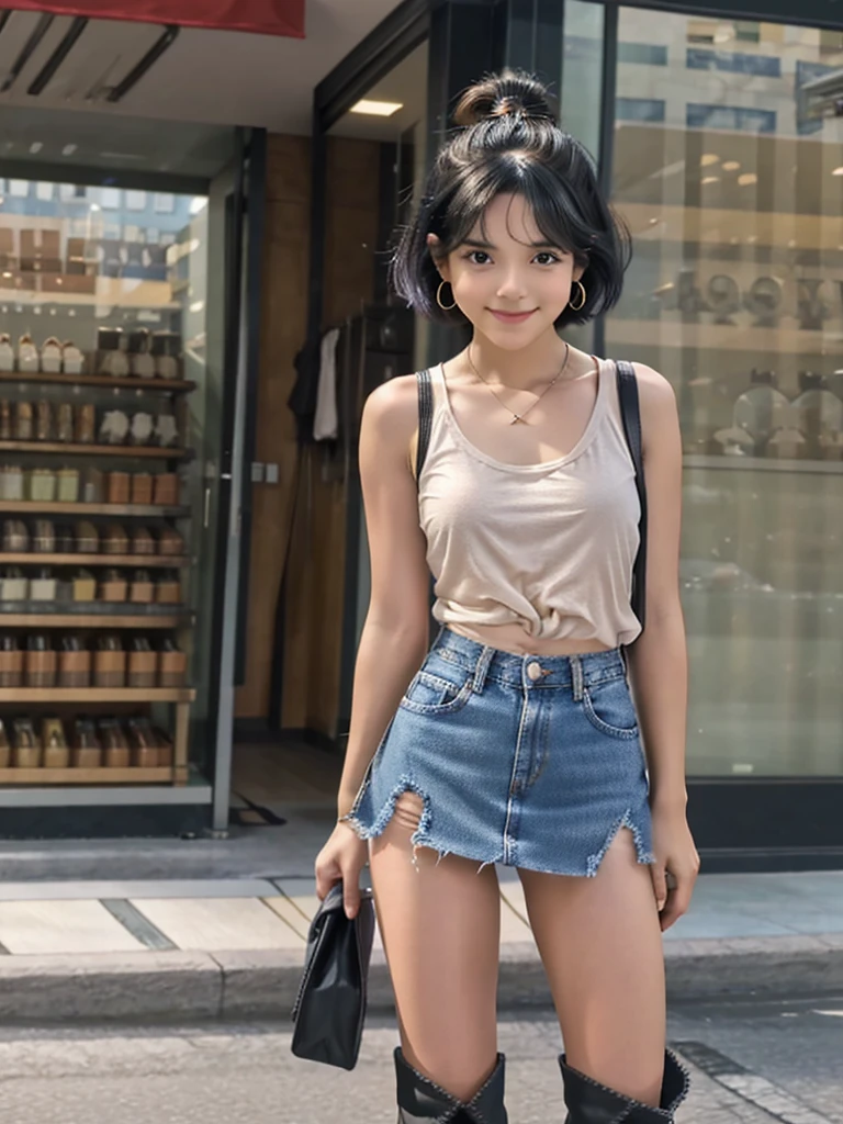 Highest quality, High resolution, girl, Small face,alone, Black Hair, Brown Eye, short hair, Cute Smile,Earrings, Denim mini skirt, Tank top shirt, Small breasts, Cowboy Shot, She is wearing black short boots,ステージにaloneスポットライトを浴びている,Standing posture from feet to whole body.I have nothing in my hands