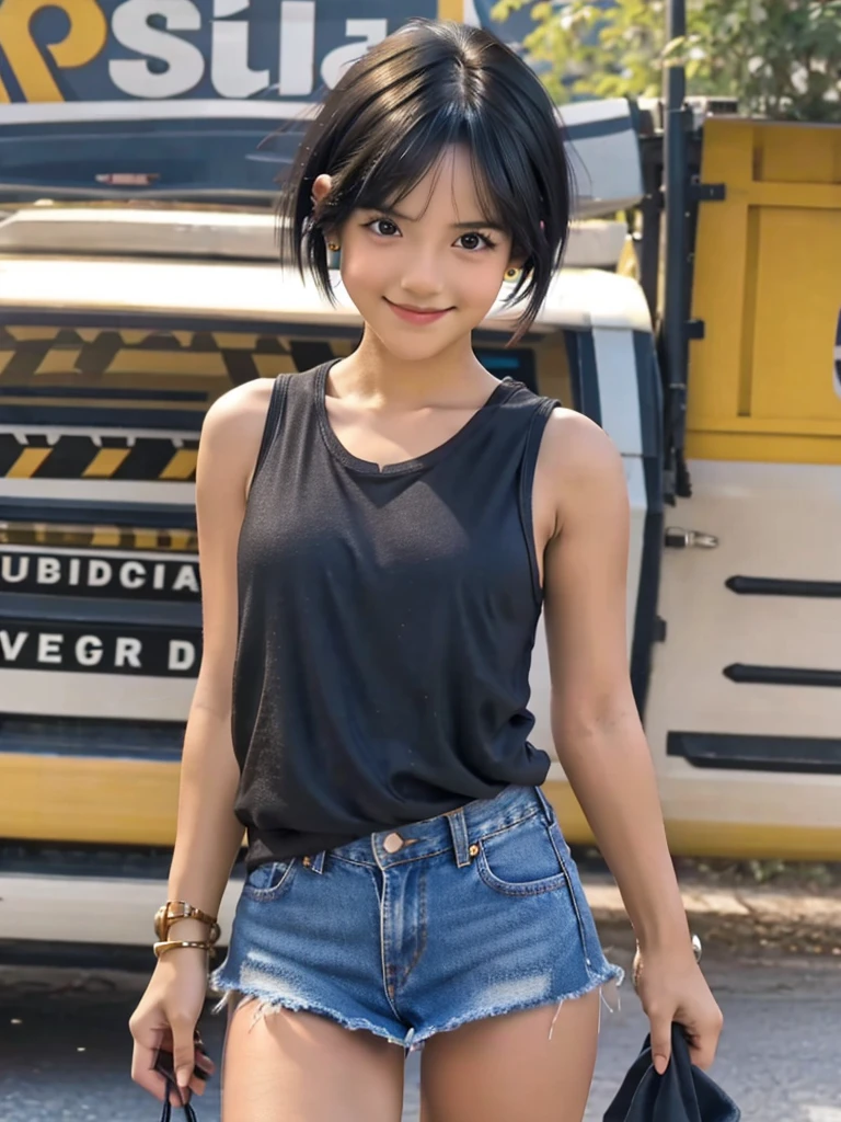 Highest quality, High resolution, girl, Small face,alone, Black Hair, Brown Eye, short hair, Cute Smile,Earrings, Denim mini skirt, Tank top shirt, Small breasts, Cowboy Shot, She is wearing black short boots,ステージにaloneスポットライトを浴びている,Standing posture from feet to whole body.I have nothing in my hands