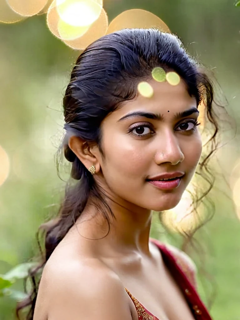 ultrarealistic hires close up photo of a 30-year-old sai pallavi woman, outdoors, realistic skin texture, looking looking at camera, (full_nude body:1.2), beautiful bokeh background 