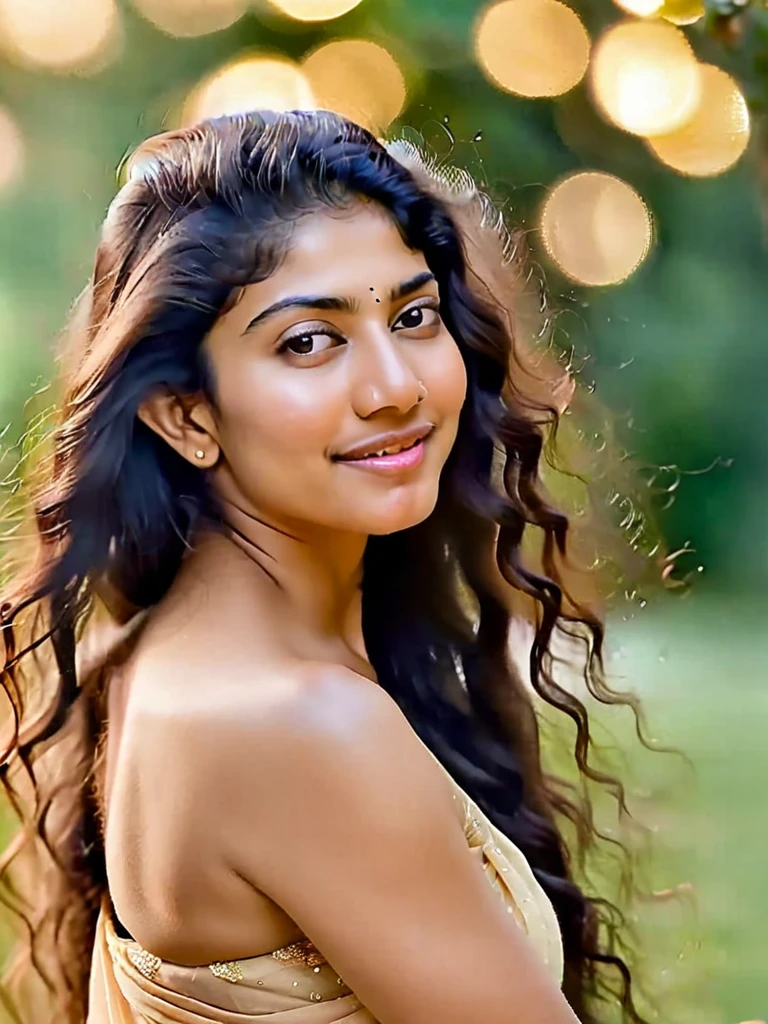 ultrarealistic hires close up photo of a 30-year-old sai pallavi woman, outdoors, realistic skin texture, looking looking at camera, (full_nude body:1.2), beautiful bokeh background 