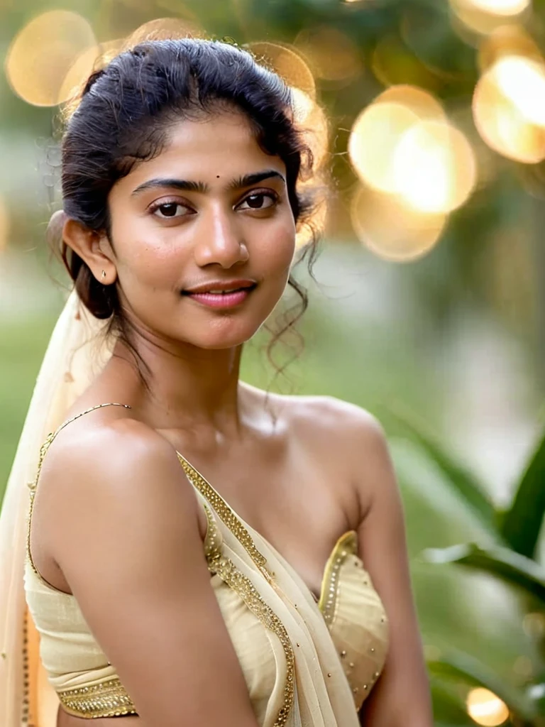 ultrarealistic hires close up photo of a 30-year-old sai pallavi woman, outdoors, realistic skin texture, looking looking at camera, (full_nude body:1.2), beautiful bokeh background 