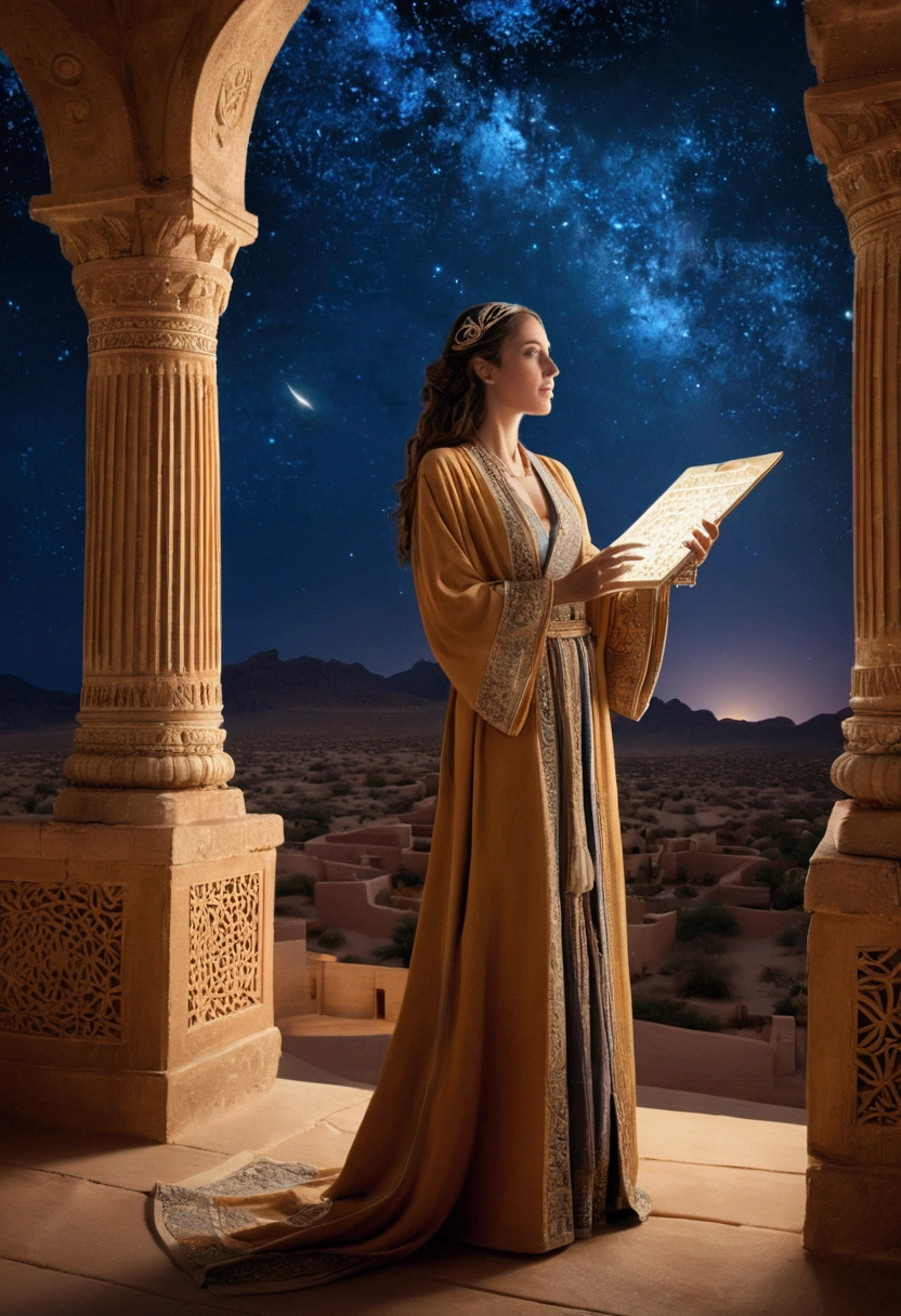 (a Desert Princess), dressed in a magnificent robe and adorned with a golden headdress rides a beautifully decorated camel through sand dunes, carrying water bags and supplies on its back. The princess held a golden scepter, guiding the way forward, with confidence and courage on her face. The background is endless desert and scorching sun, full body, (Photography), panoramic view, award-winning, cinematic still, emotional, vignette, dynamic, vivid, (masterpiece, best quality, Professional, perfect composition, very aesthetic, absurdres, ultra-detailed, intricate details:1.3)
