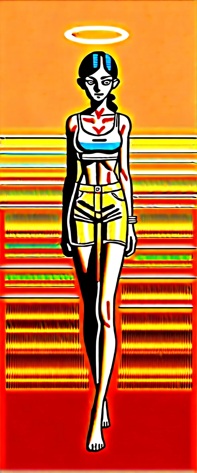 check_9,check_8_up,check_7_up,check_6_up,check_5_up,check_4_up BREAK skinny, rainbow medieval girl, concept, halo overhead, full length, standing on my feet, Gold Shorts, gold shorts, feet in silver bracelets, dressed, she&#39;s a hunter ,( fire crossbow in bows, gold shorts )