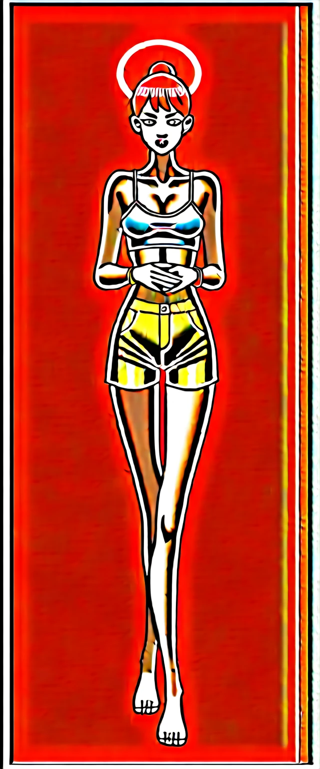 check_9,check_8_up,check_7_up,check_6_up,check_5_up,check_4_up BREAK skinny, rainbow medieval girl, concept, halo overhead, full length, standing on my feet, Gold Shorts, gold shorts, feet in silver bracelets, dressed, she&#39;s a hunter ,( fire crossbow in bows, gold shorts )