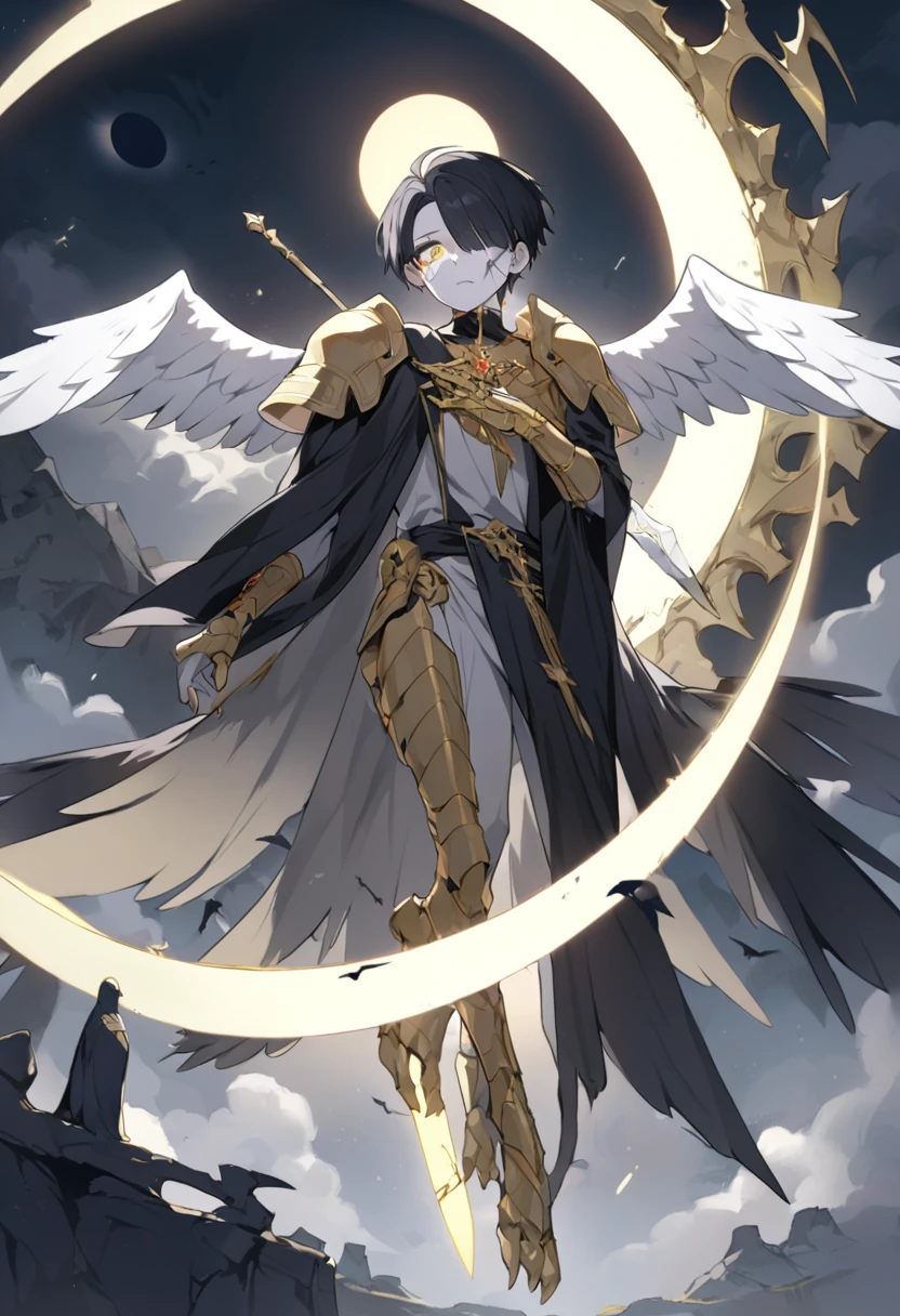 1man, adult, angel, pale skin, black hair, very short hair, white hairlocks, golden eyes, broken face, crack on the face, radiance coming from the crack, missing eye, black wings, eyed wings, bird legs, black robes, golden details, golden shoulder pads, golden prothesis in right hand, clawsprothesis, sword-cross on hands, eclipse, fullbody