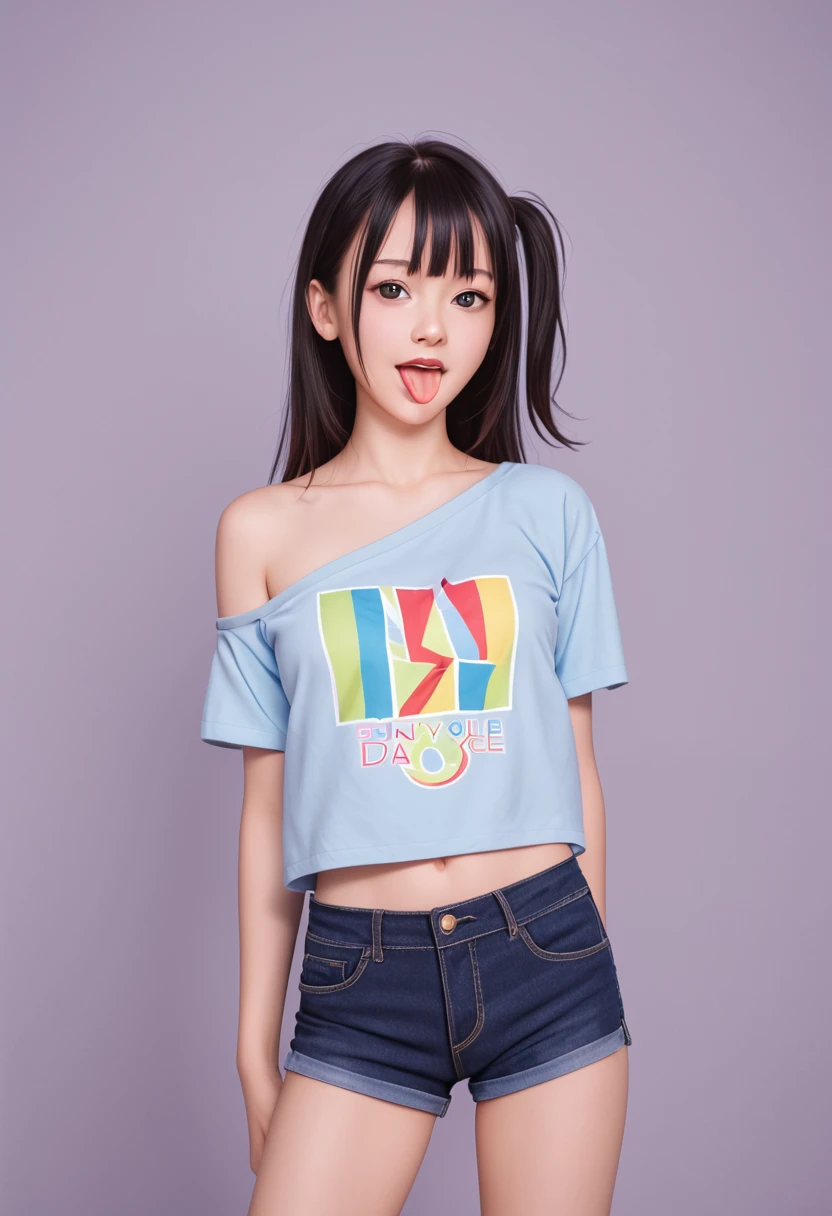 pastel colors colors t-shirt,off-shoulder look,bare shoulder,ollarbone,micro shorts,(open mouth:1.5),(tongue out:2),standing,arms behind back,front view,cowboy shot,looking at viewer,(1girl,Beautiful 14 year old girl),((Slender,Small breasts,Small face,)),Black Hair,bangs,one side up,Beautiful and detailed,(Dimly lit room:1.5),Mischievous smile,Black simple background,Blue Weak々Illumination
