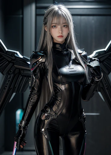 Cyber Angel,Mechanical Wing,Laser Sword,{{sfアーマー}},Cyber Suit,cyber punk,sf,Cyber Battle Armor,Battle Dress,uniform,pants,黒いuniform,whole body,height: 168cm,almond shape eyes,{{{{{Silver Eyes}}}}},{{{{{Blunt bangs}}}}},(Slanted Eyes},{{whole body},{{{1 Girl}}}, Long Hair, Straight hair,{{{{Silver Hair}}}},{{{tsurime}}},30 years old,{Medium Chest},{{Bush}},Silver Eyes,{{{masterpiece}}}, {{{Highest quality}}}, {{Very detailedな}}, {shape}, {{Very delicate and beautiful}},Very detailed,Detailed perfection,Detailed Hyper,Abundant thighs,Big Ass,Black clothes