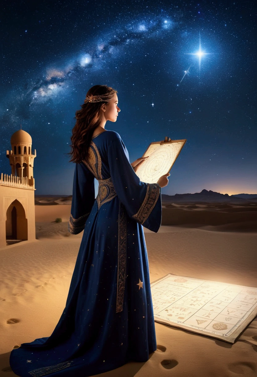 (a Desert Princess), dressed in a magnificent robe and adorned with a golden headdress rides a beautifully decorated camel through sand dunes, carrying water bags and supplies on its back. The princess held a golden scepter, guiding the way forward, with confidence and courage on her face. The background is endless desert and scorching sun, full body, (Photography), panoramic view, award-winning, cinematic still, emotional, vignette, dynamic, vivid, (masterpiece, best quality, Professional, perfect composition, very aesthetic, absurdres, ultra-detailed, intricate details:1.3)