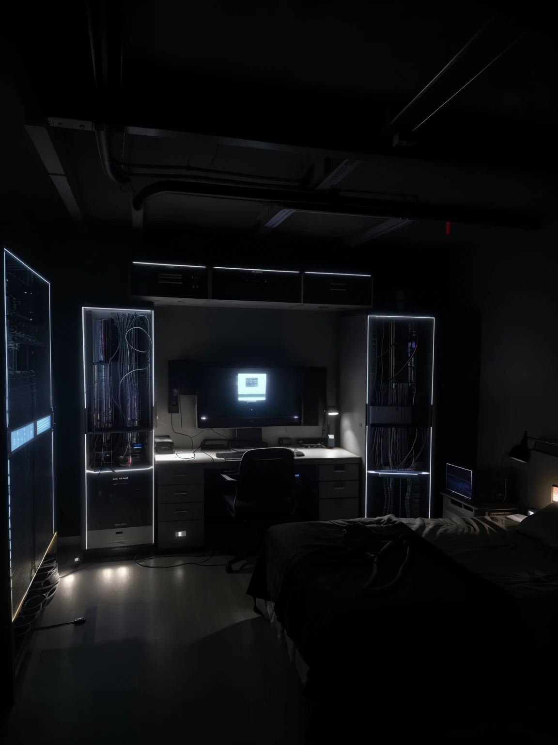 a hacker room that has a large server center with cables and lights, a very robust dedicated server with a lot of technology, dark bedroom, low lighting, ultra realistic detail 8k
