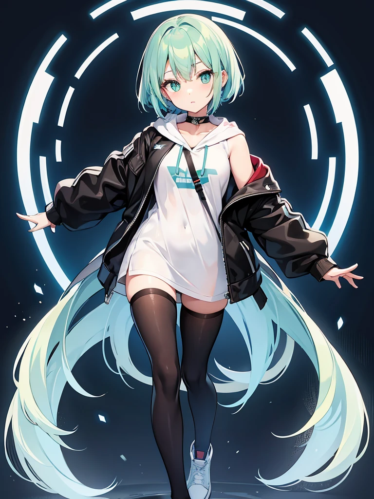 Masterpiece,High quality,(Full body 1.2),Animated standing portrait, black half pants and white hoodie,(green hair 1.4),Anime girl with short green hair and green eyes,(detailed eyes 1.6),(clear eyes 1.4),(beautiful eyes 1.4),(shining eyes 1.4),White cyan, green hair, detailed Key Animated Art, Animated Portrait, shining eyes, girl with blue hair, light blue hair, black half pants, white stockings, thighs, 4K