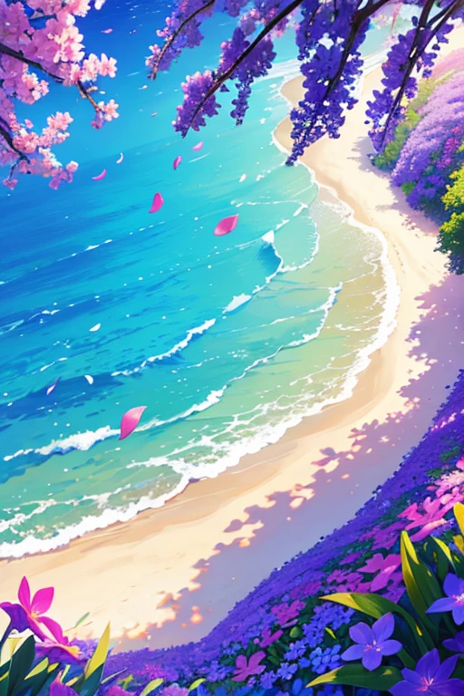 Masterpiece, high quality, 4K, best illustration, wallpaper, beach, Blue sea, detailed background, purple flowers, flower petals falling in the sky, sunny day