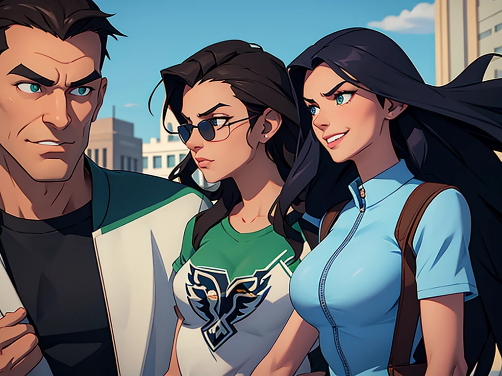 cartoon tall American facial features, Gorgeous and sultry busty, happy, dark long brunette straight hair, with sharp facial features, big smile, white teeth, slim athletic, large breasts and a long face, wearing aviator sunglasses, dark blue ripped jeans, and green ice hockey shirt. Super hero pose.