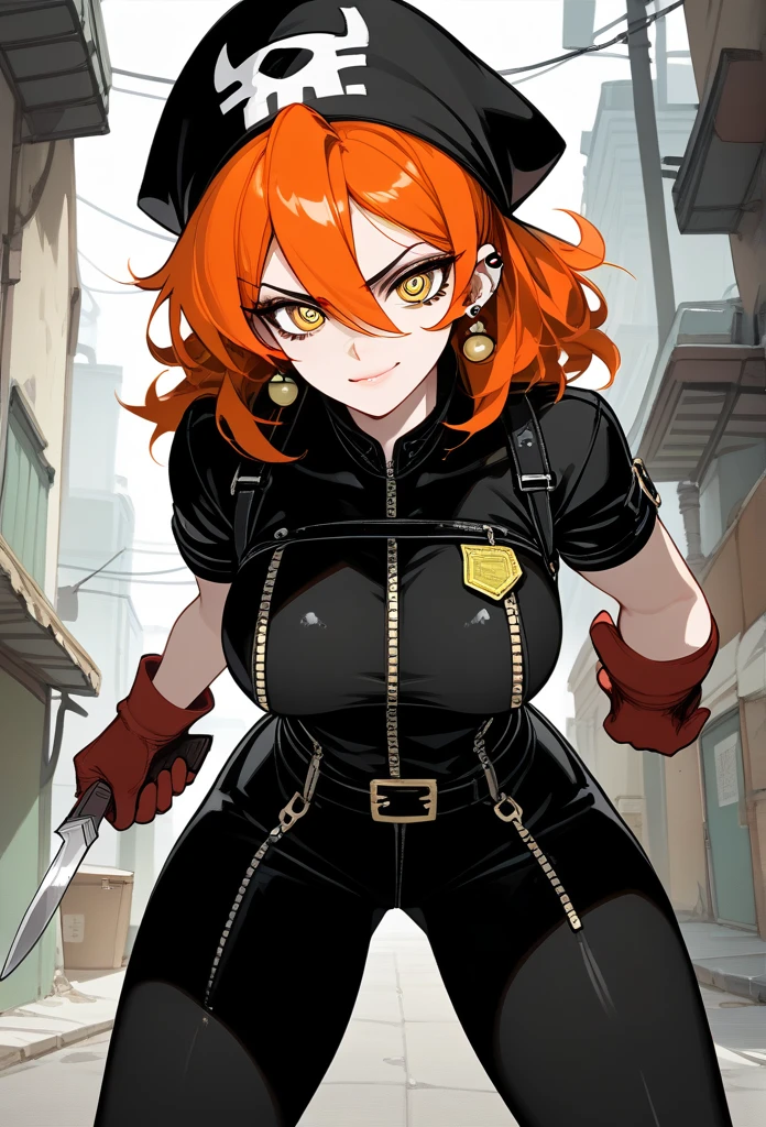 masterpiece, best quality, mature woman, mature face, trimmed hairstyle, red hair, mature face, hot face, glossy lips, gobby lips, sharp eyes, big breasts, voluptuous body, golden eyes, (bandit outfit, bandit bandana), looking at viewer, tough appearance, alley, (looking serious), lunatic face, lunatic smile, (glaring eyes, piercing eyes), lunatic expression, (holding dagger)