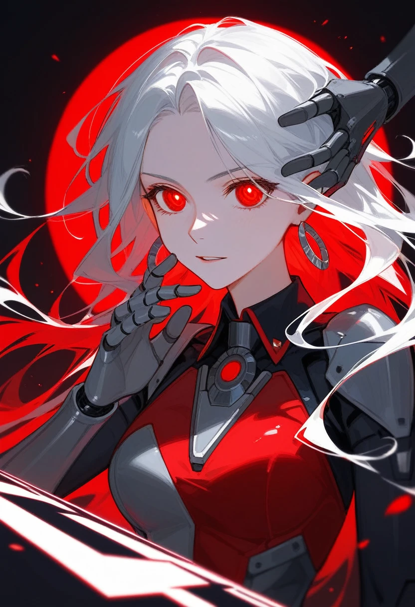 Thick blood, a red moon, a dark and gloomy square, a distant figure in the middle color photo of a striking anime-style character with pale, almost porcelain-like skin and intense, glowing red eyes that convey a sense of power and mystery. Their silvery white hair cascades around their face in a slightly messy yet deliberate fashion. They wear sleek, black, glossy gloves that reach past their wrists, their hands positioned on their head, fingers intertwined, creating a sense of deep contemplation or strategizing. Long, thin, metallic earrings dangle from their ears, catching the light and adding elegance. The character is dressed in a dark, high-collared outfit that blends into the shadows, enhancing the dramatic lighting that highlights their face. In the foreground, a partially visible chessboard with various pieces positioned suggests a game in progress, adding to the intellectual and strategic atmosphere. The overall mood is one of intensity and focus, with the character exuding an aura of enigmatic intelligence and calculated determination. 