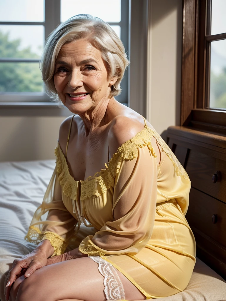 Mature old woman 80 years with short hair, plus size, old face and body with many wrinkles, loose skin, smiling sitting near the window with beautiful view, posing for photo, She wearing yellow nightgown white lace stockings, side view. jaw dropping mature older beauty, old face and body with wrinkles, old face, attractive grandma, a gorgeous old hair, beautiful old grandma, lovely older mature grandma, gorgeous beautiful grandma over 80 years old, beautiful short hair grandma, beautiful detailed body and face, a beautiful old granny