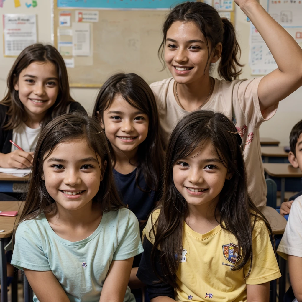 Boys and girls from 5 to 8 years old in a classroom receiving English classes, that all the children are learning and smiling that in the image the teacher is teaching the children